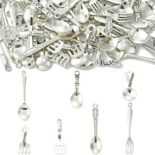 70Pcs Spoon Fork Tableware Tibetan Charms Silver for Jewelry Making DIY Crafting
