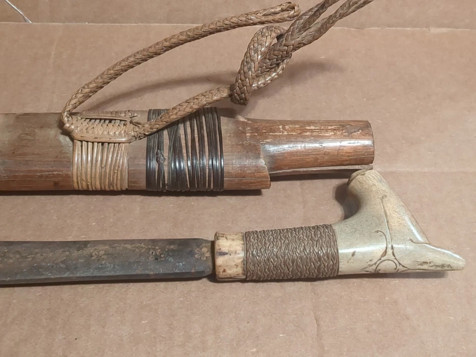 Antique Indonesian Dayak Mandau Short Sword Knife Horn/Bone Handle W/ Scabbard - Image 2 of 4