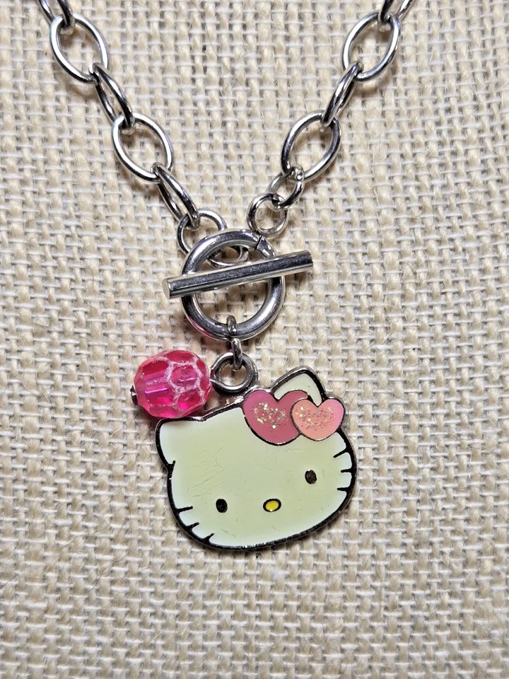 Vintage Stamped (c) Sanrio Hello Kitty Silver Tone Pendant Toggle Necklace 16" - Image 2 of 4