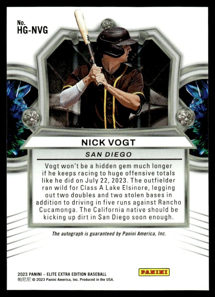 2023 PANINI ELITE EXTRA EDITION HIDDEN GEMS AUTO Nick Vogt San Diego Padres #17 - Image 2 of 2