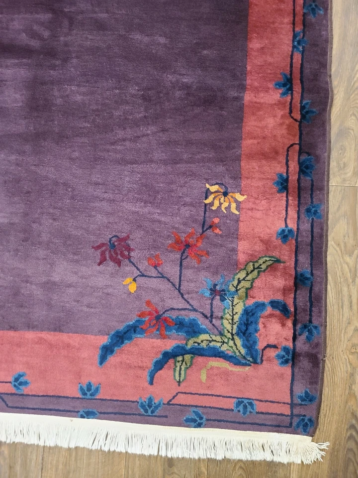 Antique handwoven art deco Chinese rug size 9x11'4" cir 1920s purple colors - Image 4 of 4