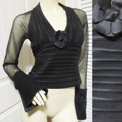 JS COLLECTIONS Damen-Bluse schwarz durchsichtig Netzoberteil langärmelig Abend Party Tops - Bild 1 von 12
