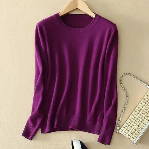 Women Wool Cashmere Sweater Knitted Pullover Slim Crew Neck Sweater Solid Jumper - Picture 25 of 39