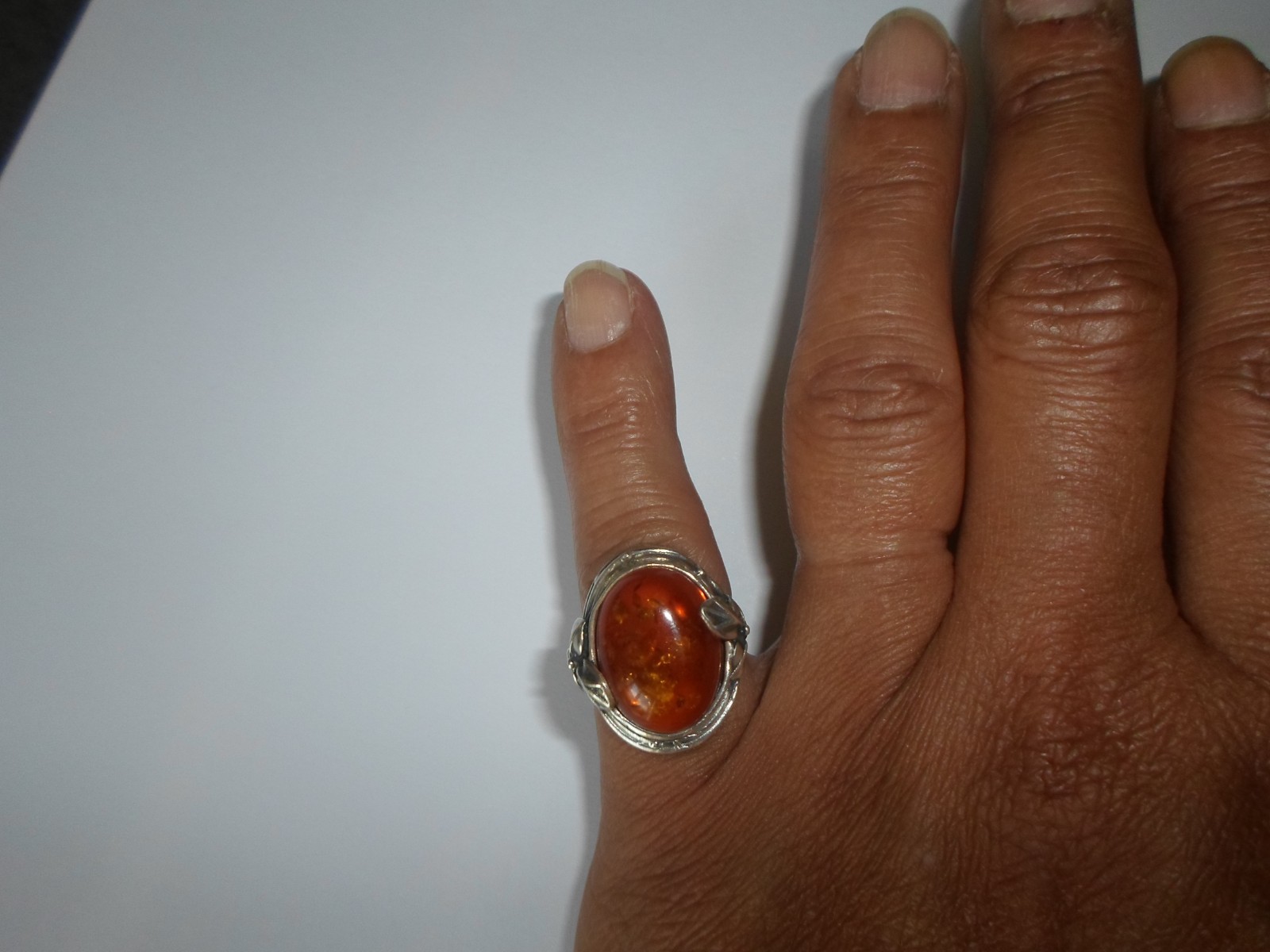 solid silver ring, amber cabochon, leaf outline, … - image 5