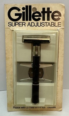 Vintage NEW Gillette Super Adjustable Razor with 2 Platinum Plus Blades Black