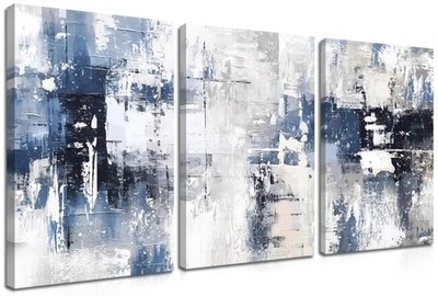 Abstract Blue and White Wall Art Set of 3, Modern Simple Navy Framed Canvas P...