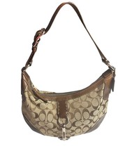 Coach Brown Signature Jacquard Canvas Leather Trim Shoulder Bag Silver Hardware
