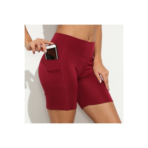 Burgundy Bermuda Shorts with pockets for Women High Rise Yoga Biker Shorts