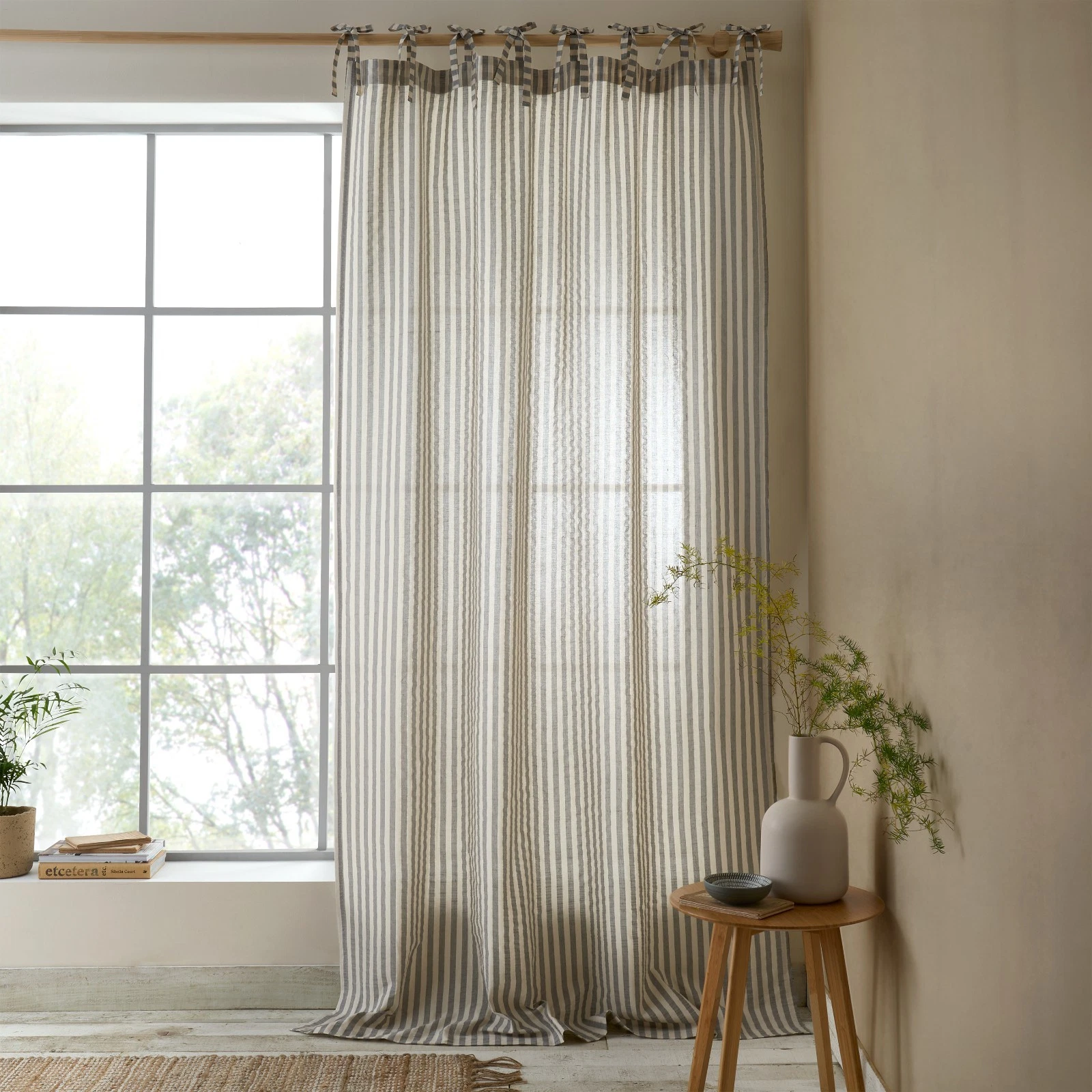 Pineapple Elephant Zanzibar Yarn Dyed Stripe Voile Curtain Panel Tie Top Grey