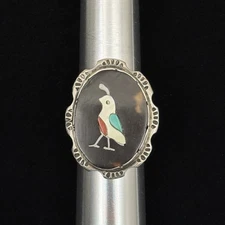 Native American Zuni Ralph Quam Sterling Silver Multi-Stone Inlay Quail Ring 8.5