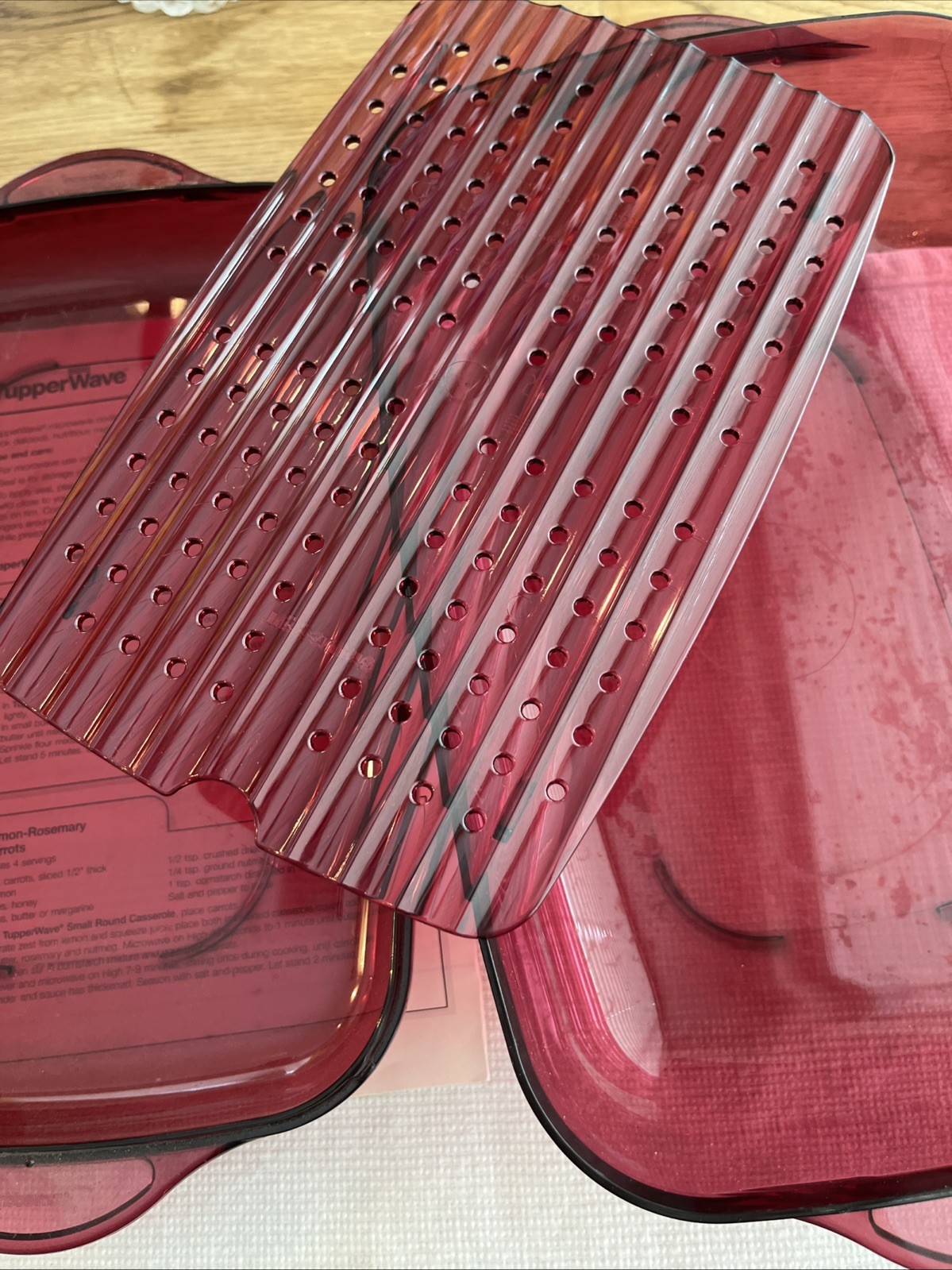 Tupperware Microwave Steamer Cookware 3 pcs Rectange 9" x 6" Cranberry w/Recipes