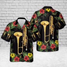 Tropical Trombone and Hibiscus Hawaiian Shirt, Casual Shirt For Men