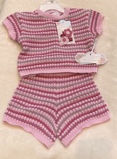 Crocheted Striped Infant 24mo. Top Shorts Set with Hair Clips