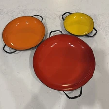 ENAMEL HUTA SILESIA POLAND SET OF 3 SIZZLING PANS Poland Orange Red Yellow