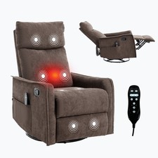 Massage Recliner Chair with Heat, Rocker, Swivel, Brown Fabric