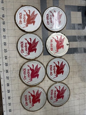 8 Vintage Mobil Mobiloil Motor Oil Can Lids Pegasus Logo Super 10w-40