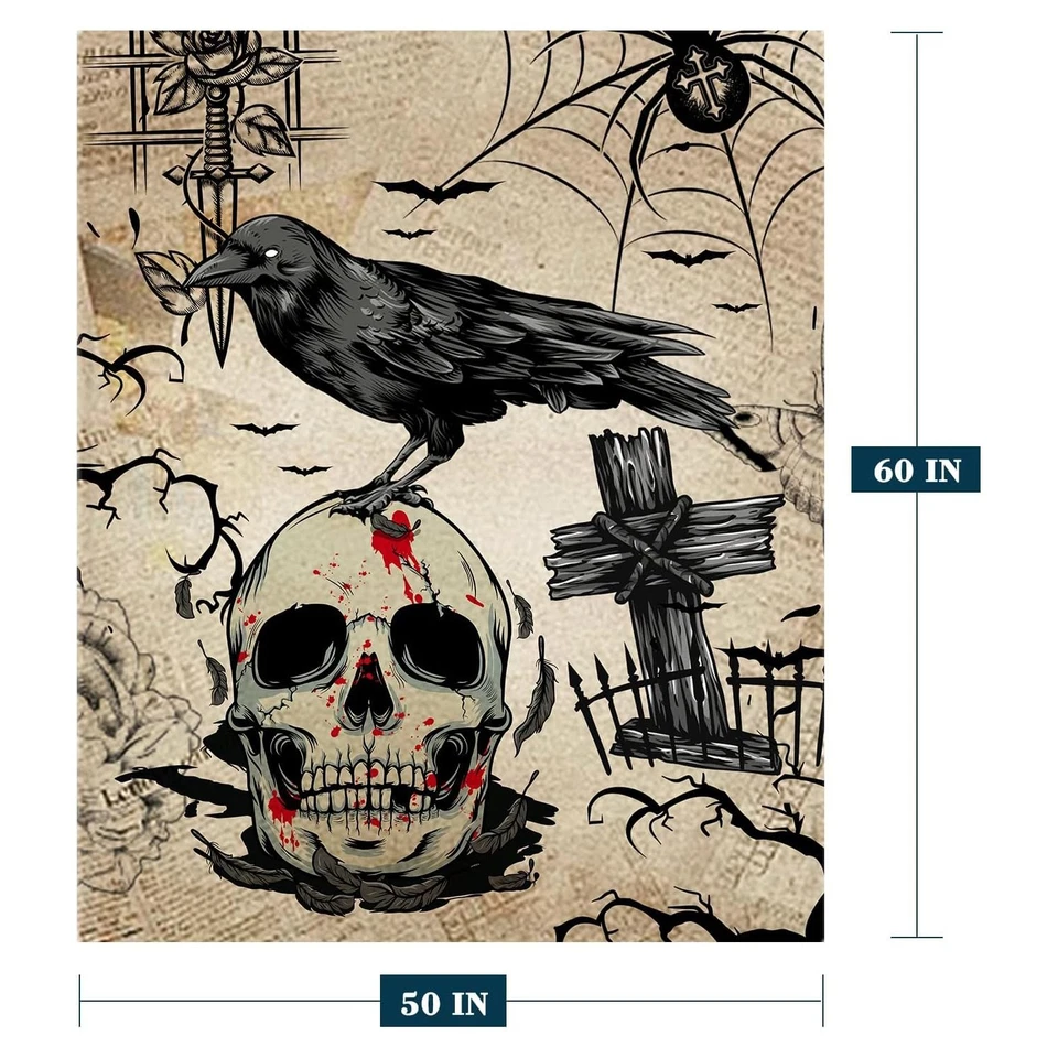 Gothic Skull Raven Blanket Horror Crow Halloween Throw Creepy Skeleton Decor - Image 3 of 4