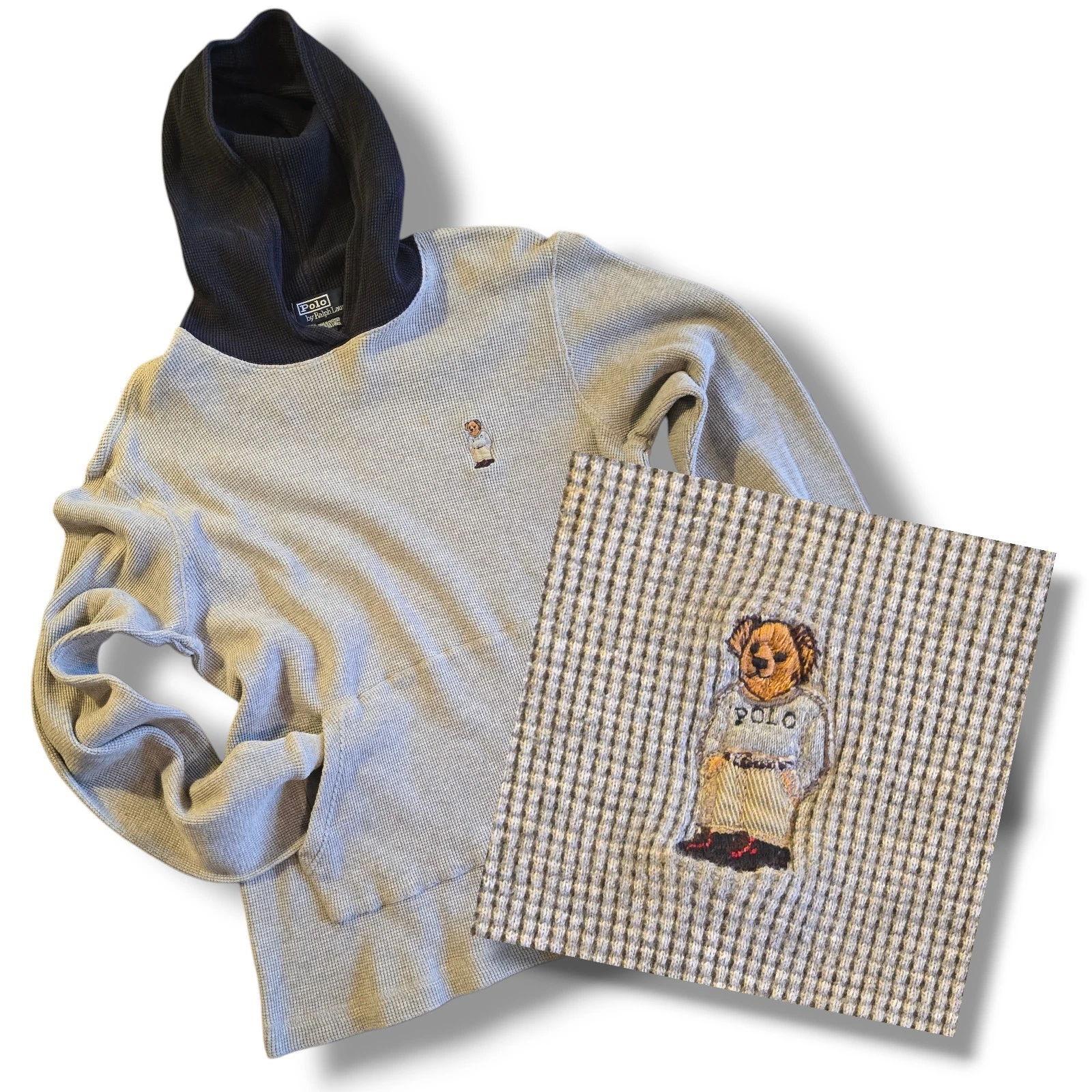 Polo Ralph Lauren Polo Bear Thermal Hoodie Gray Navy Hiker Bear Waffle Knit Size