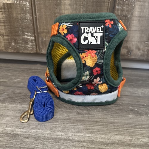 Reise Katze Hawaiihemd reflektierendes Katzengeschirr und blaue Leine Small