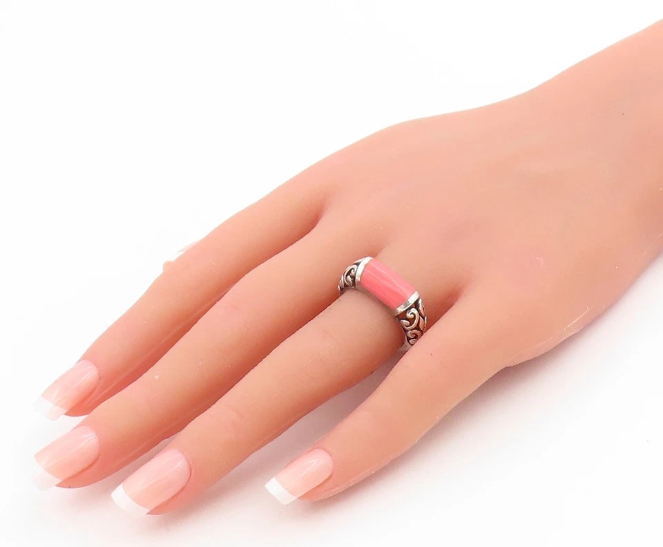 Anillo Vintage Plata Esterlina 925 Coral Rosa Desplazamiento Cúpula Banda Talla 7 RG34036 Foto 3 de 4