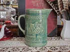 Antique Large McCoy Green Pitcher, Vintage Kitchen Pottery with Grapes In Shield