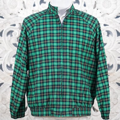 Vintage Preston & York Sport Green Plaid Bomber Jacket XL Cotton Classic Retro