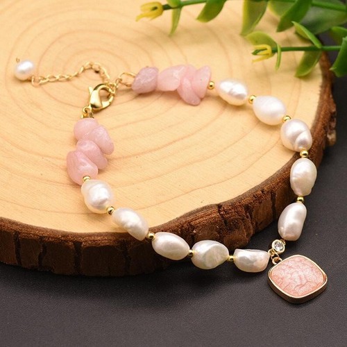 14k gold plated natural baroque rose quartz rough stone goldstone bracelet - Picture 3 of 10