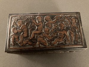 Vintage Embossed Leather Jewelry Trinket Box With Raised Relief Cherubs