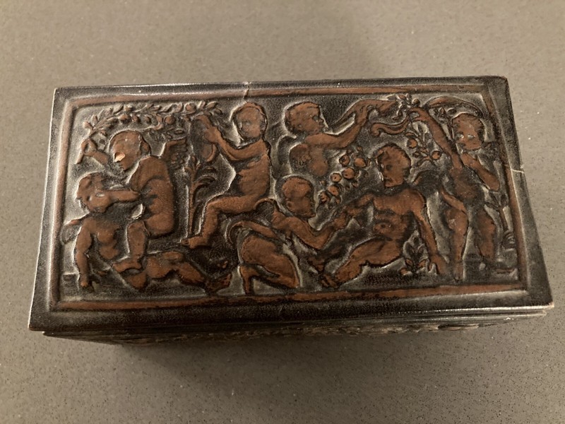 Vintage Embossed Leather Jewelry Trinket Box With Raised Relief Cherubs