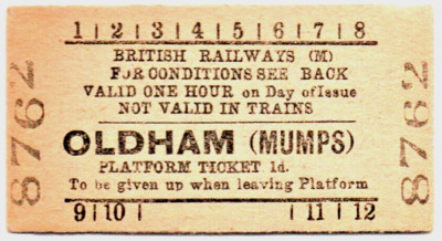 BR(M) Bahnsteigfahrkarte Oldham (Mumps) 1d