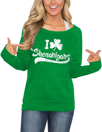 Women'S St. Patrick'S Day Green Long Sleeve Sweatshirt Funny Casual Irish Shirt