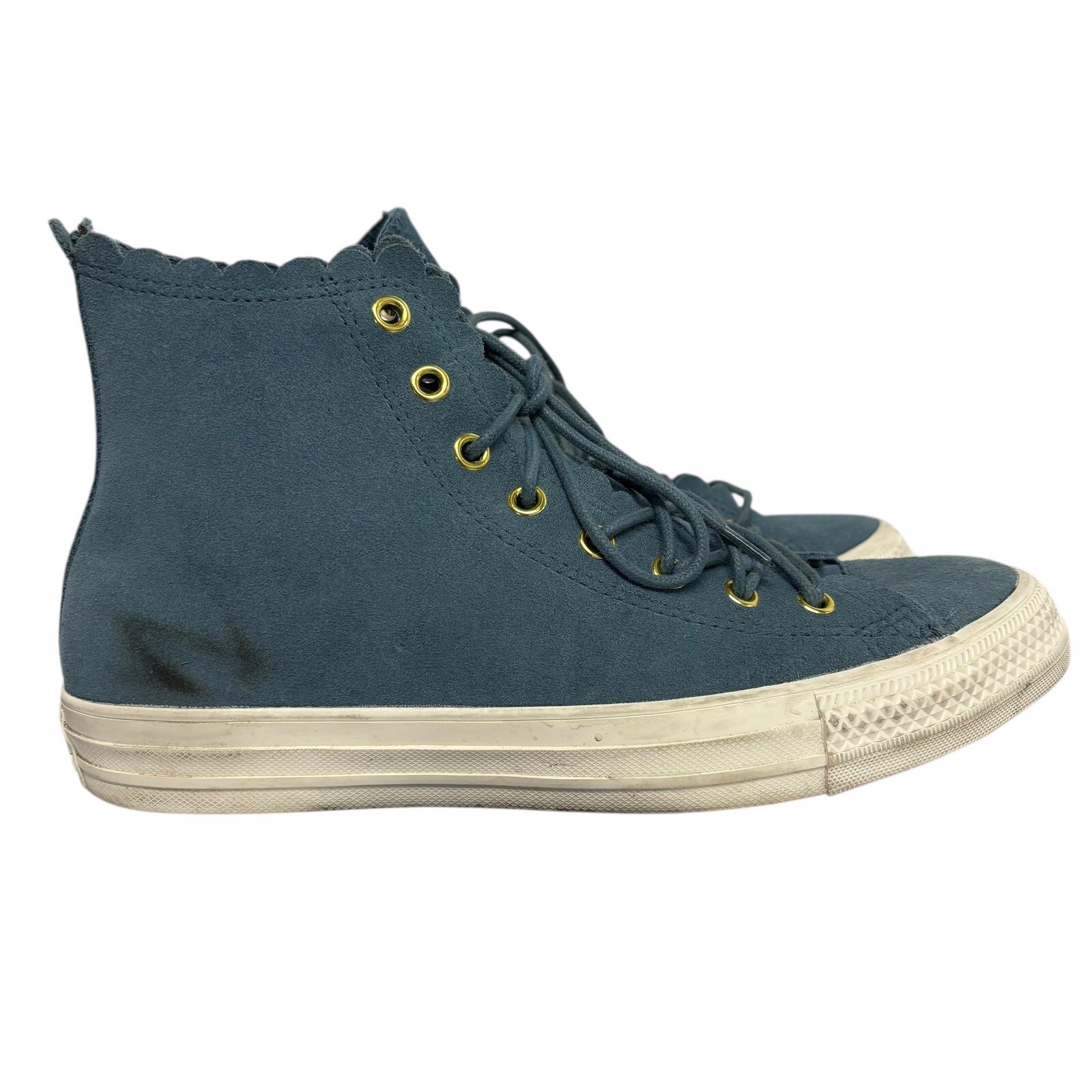 Converse High Top Sneakers Scalloped Blue Suede Leather Gold Eyelets Women’s 9 Converse High Top Sneakers Scalloped Blue Suede Leather Gold Eyelets Women’s 9