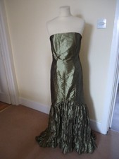 OLIVE GREEN STRAPLESS EVENING DRESS WITH CRINKLE HEM AND MATCHING STOLE