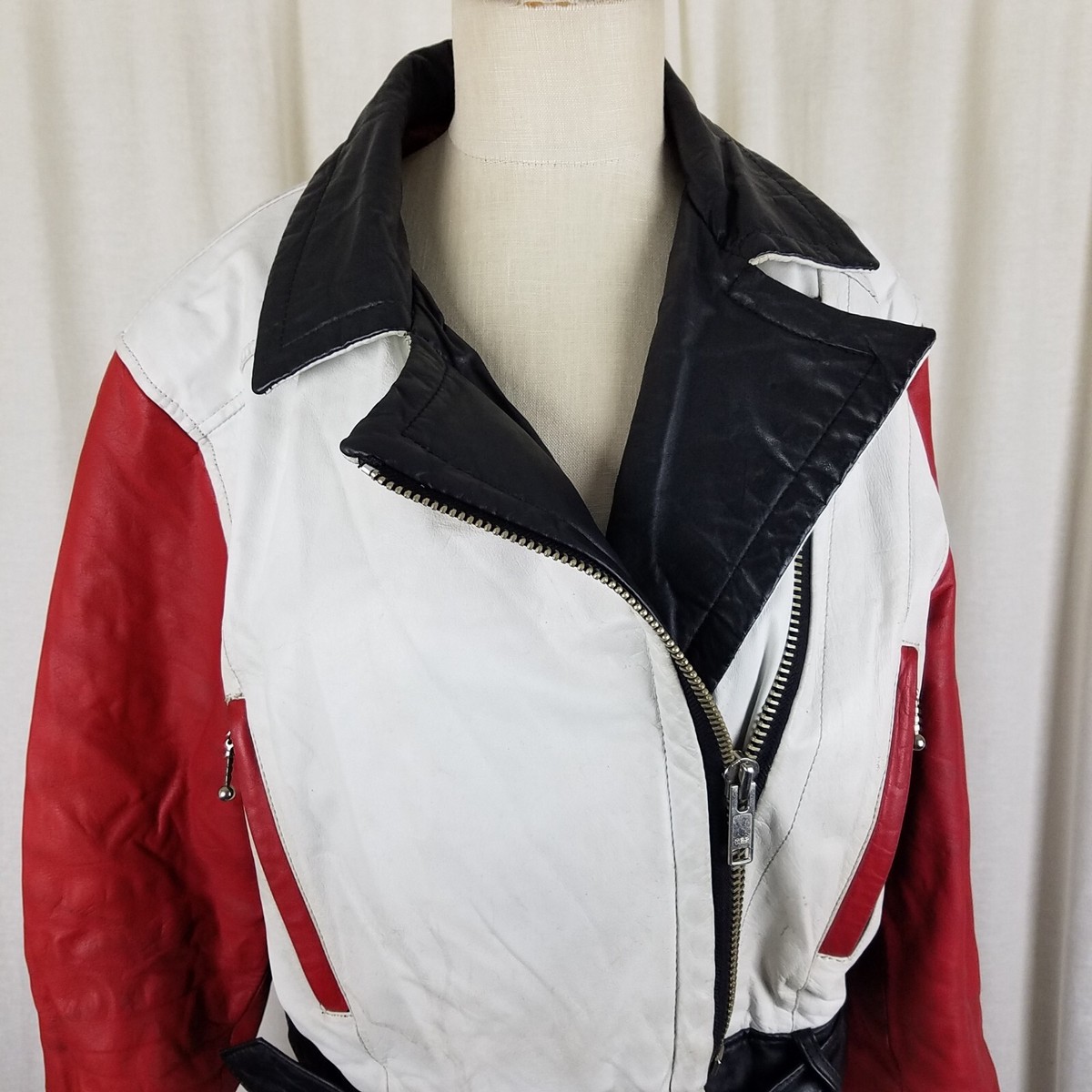 Chia Colorblock Leather Moto Biker Jacket Belted Womens L MJ