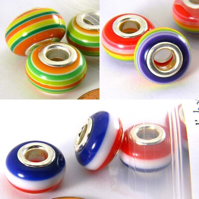 10 Big 14mm Striped Resin European Beads with a Large 4.7mm Silver Core Hole