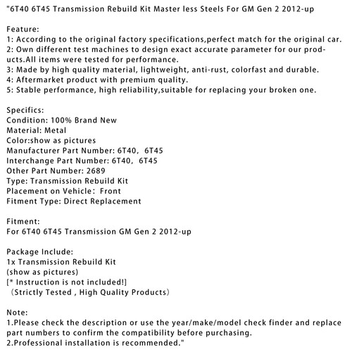 6T40 6T45 Transmission Rebuild Kit Master less Steels For GM Gen 2 2012-up S11 - Picture 16 of 16