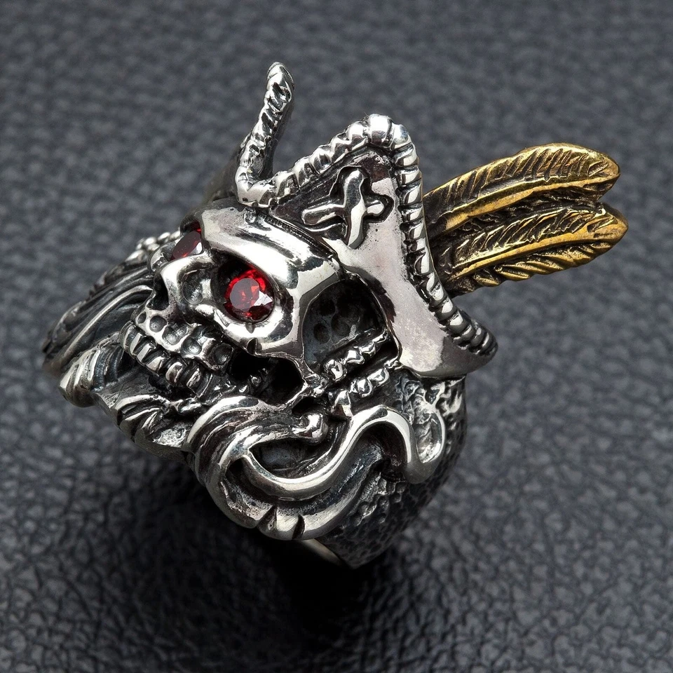 925 Sterling Silver Red Eye Skull Pirate Ring Biker Men's Gothic New - Image 3 of 4