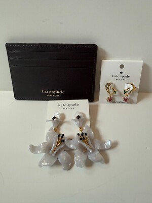 NEW Kate Spade New York Lot of 3 Blooming Earrings & Slim Card Holder Chocolate