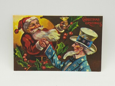 Christmas Greetings Santa Uncle Sam Toasting Shaking Hands Patriotic Postcard