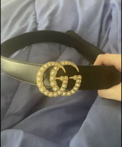 Gucci Wide Black Leather Belt with Gold GG Logo Buckle ref.942234