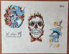ORIGINAL Vintage Tony Leanza Shop Used Tattoo Flash Production Sheet Biker, 1