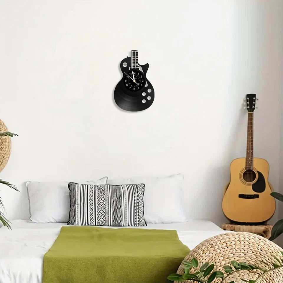 Guitarra Reloj de Pared Decoración del Hogar Arte Instrumento Musical Vinilo Reloj Regalo para Hombres Amantes Foto 4 de 4