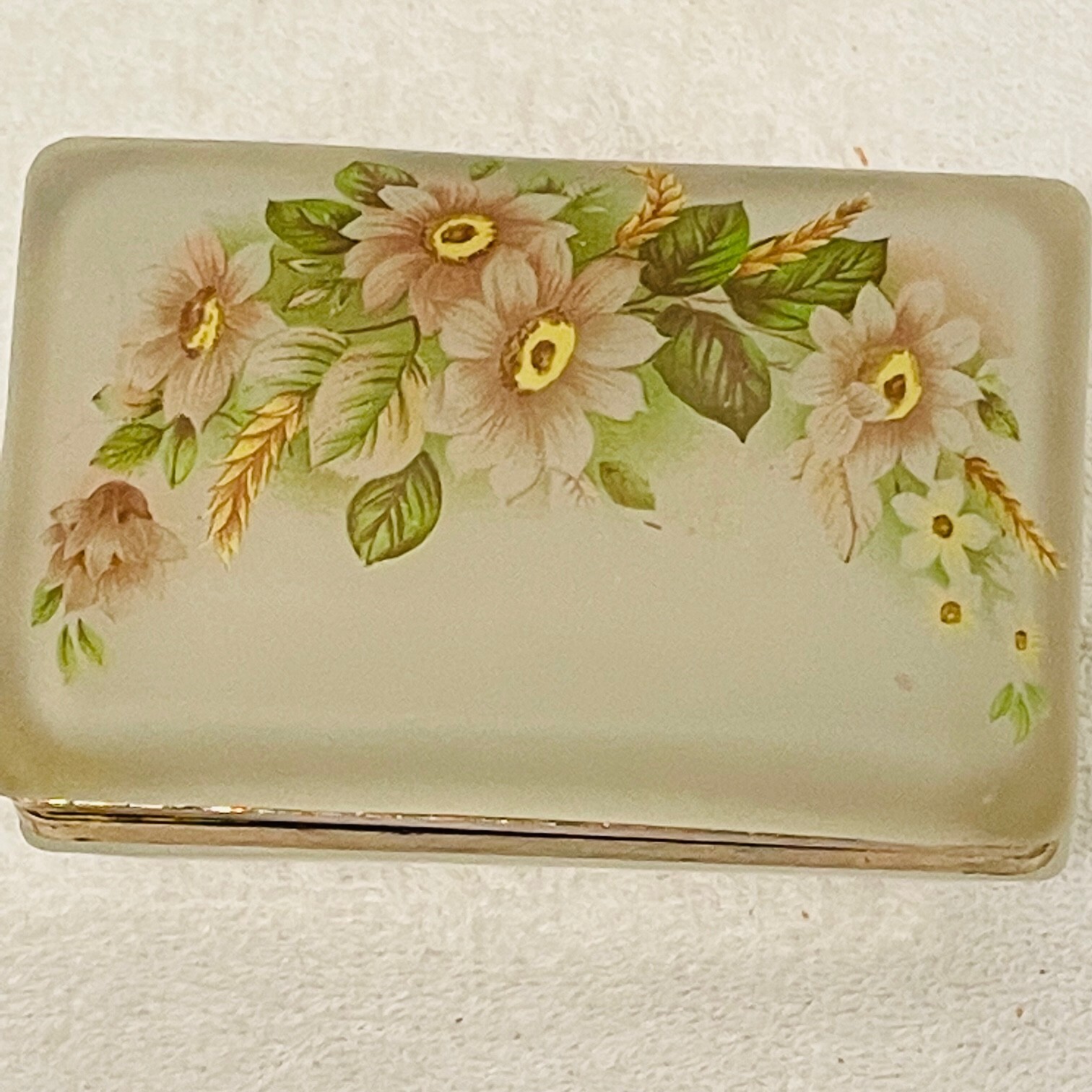 Frosted Satin Vtg Floral Glass Jewelry Trinket Box Brass Hinged Lid