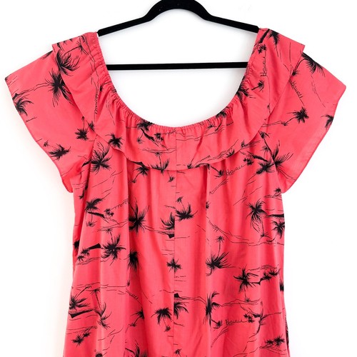 Vintage Hilo Hattie Hawaiian Off the Shoulder Dress XL Red Palm Trees - Picture 5 of 9