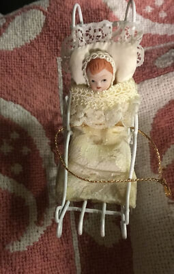 Vintage Metal Doll Buggy with Half Doll Sewn In Lace Blanket- Taiwan