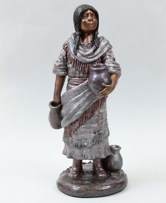 1996 Signed Sculpture 14'' Native American Woman Carrying Pots Statue Figure