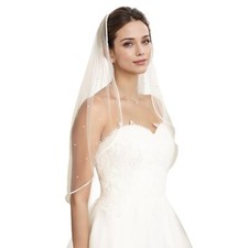 1 Tier Pearl Bridal Veil Tulle Ribbon Edge Wedding Veil for Brides and Women ...