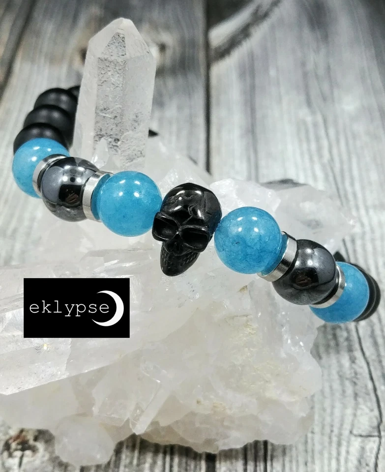 Pulseira de contas 8"L CAVEIRA DE AÇO INOXIDÁVEL PRETO 10mm ônix + hematita + pedra preciosa de jade - Imagem 4 de 4