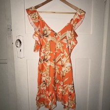 Pretty Little Thing Orange Floral Leaf Tie Back Mini Dress Sz 12 BNWT NEW