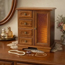 Vintage Standing Wooden Jewelry Box w/ Drawers & Lattice Door Music Box